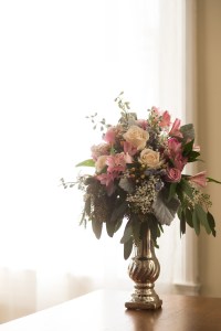 Racine Waterford pink and gray table arrangement roses