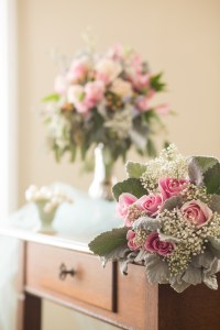 Racine floral centerpiece lace pink babies breath